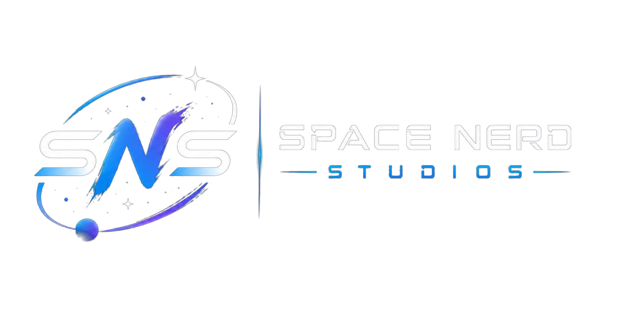 Space Nerd Studios logo with futuristic SNS emblem and space-themed orbit graphics
