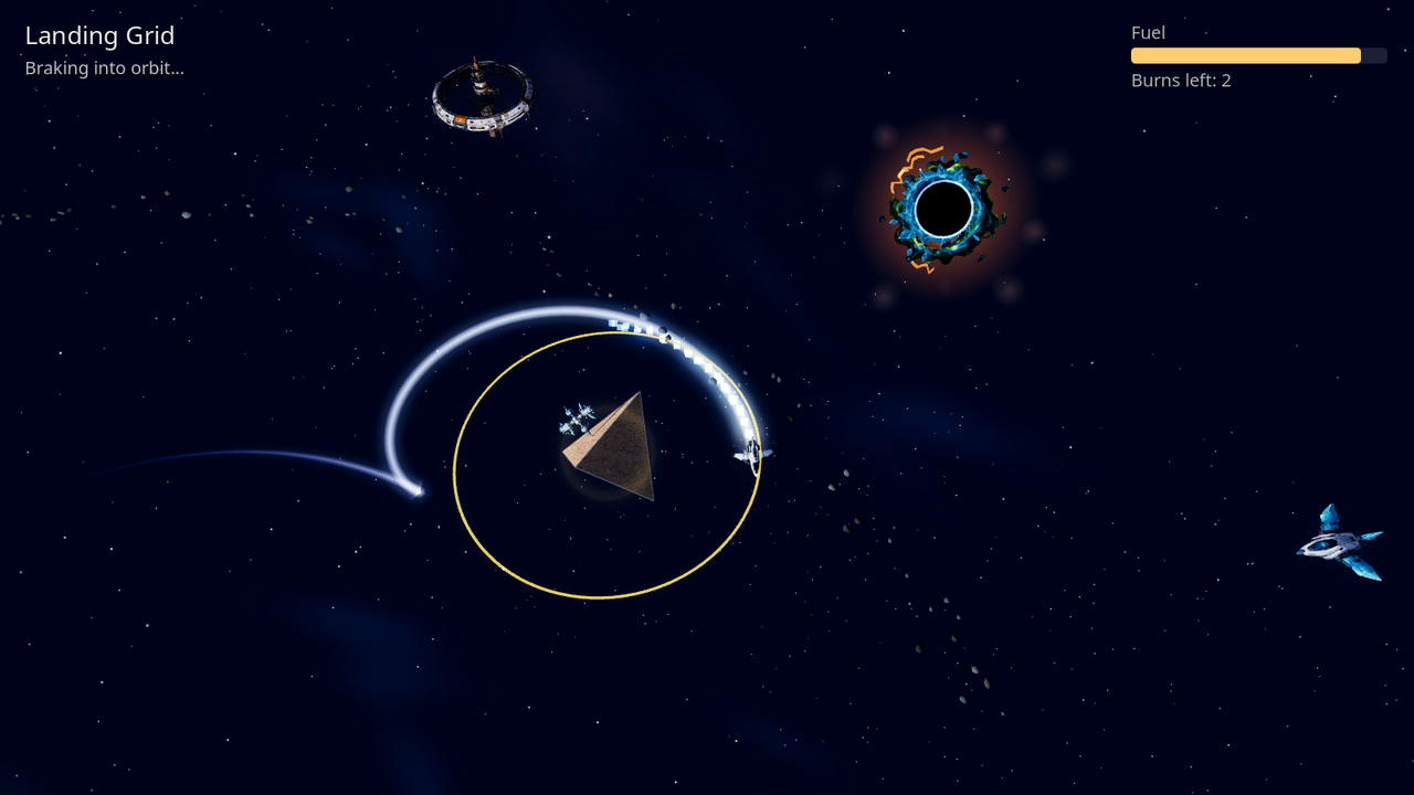 The ship curls around the tetrahedron world and its gold ring, leaving a bright curved trail. The hint at the top reads Braking into orbit.