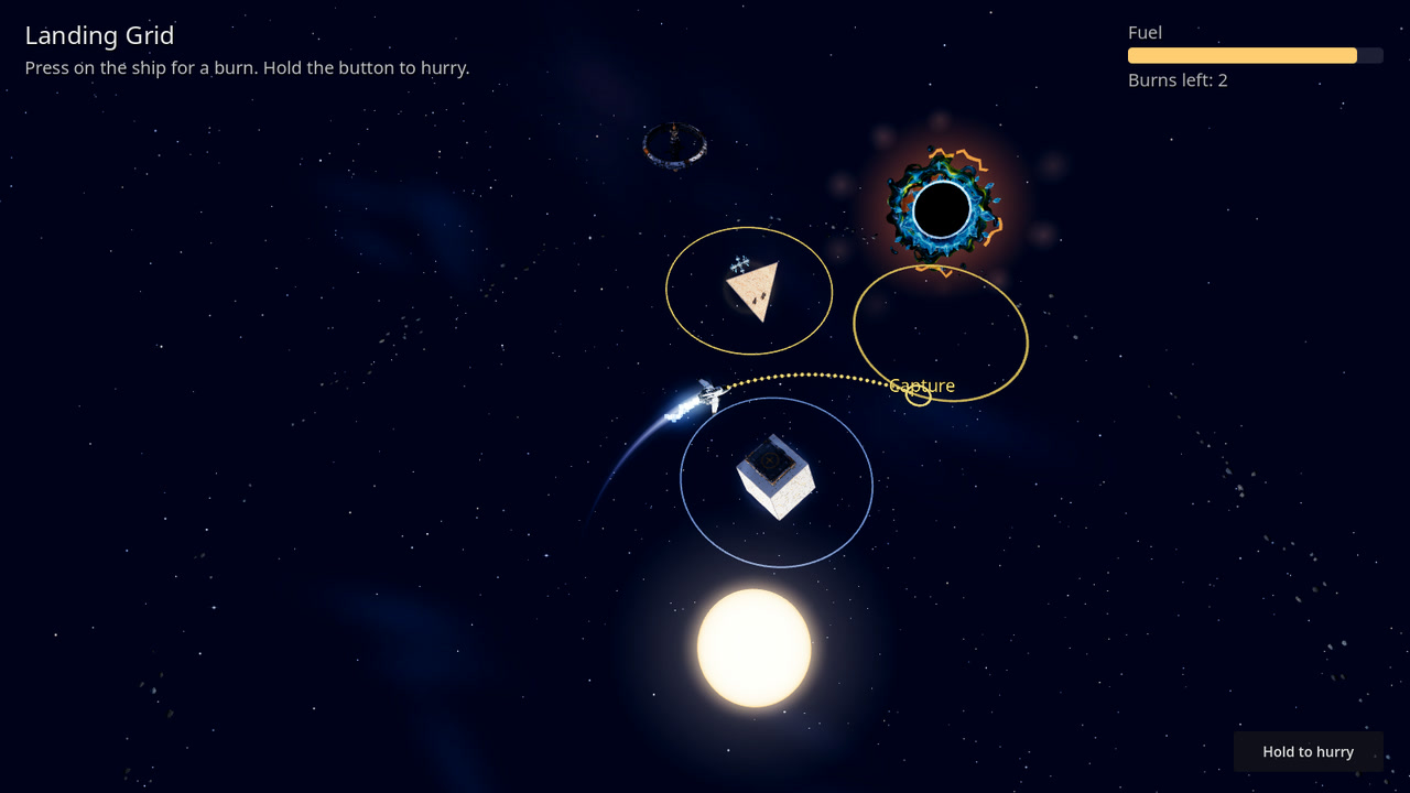 The ship has left the cube world and trails a streak of light. A dotted line curves ahead of it to a gold ring, where the word Capture is written.