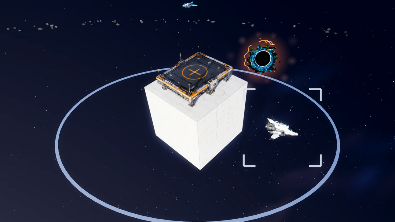 A close view of a white stone cube with a landing pad on top. A small white ship waits beside it and a pale blue ring circles them both.