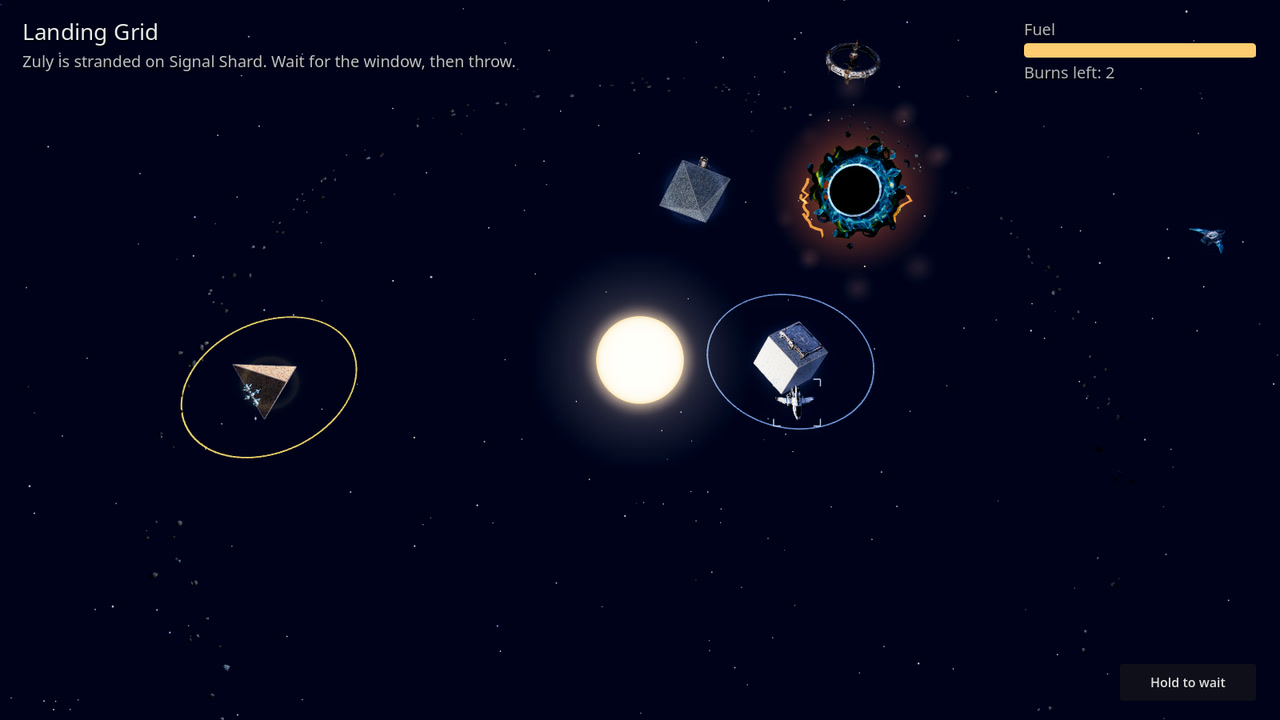 The opening view from above. A pale sun sits in the centre. Around it are a cube world with a small ship beside it inside a pale blue ring, an octahedron world, and a tetrahedron world inside a gold ring. The level name, the mission brief and the fuel bar run along the top.