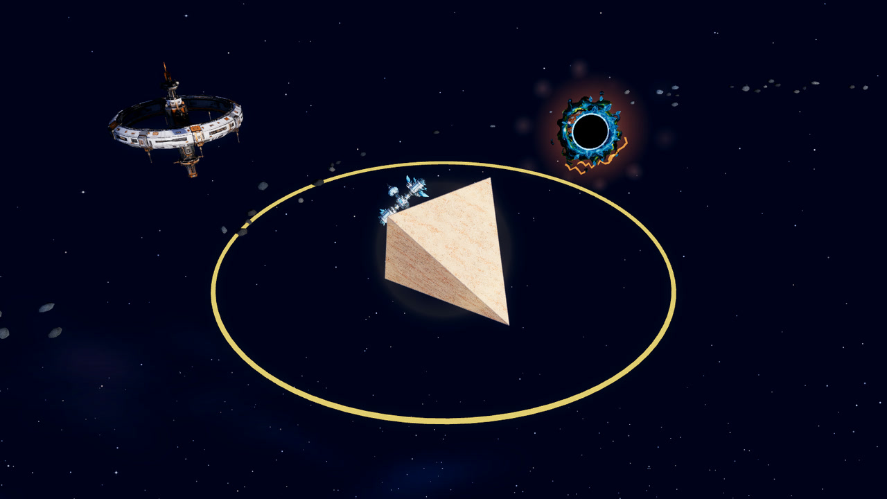 A close view of a peach tetrahedron world with a small station on one corner and a gold ring around it. A ring-shaped habitat floats in the distance and a dark round rift hangs on the sky.