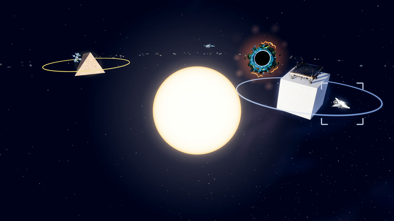 A large pale sun in the centre. On the left is the tetrahedron world in its gold ring. On the right is the cube world with its landing pad, its pale blue ring and the ship. A dark round rift hangs behind them.